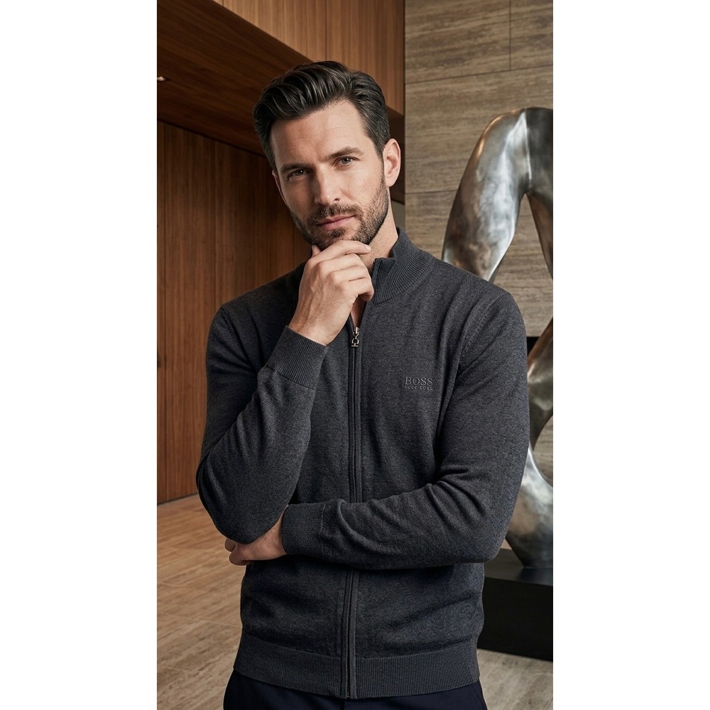 Hugo Boss Mens Full Zip Cardigan Sweater Charcoal Grey Mock Neck Logo Size L